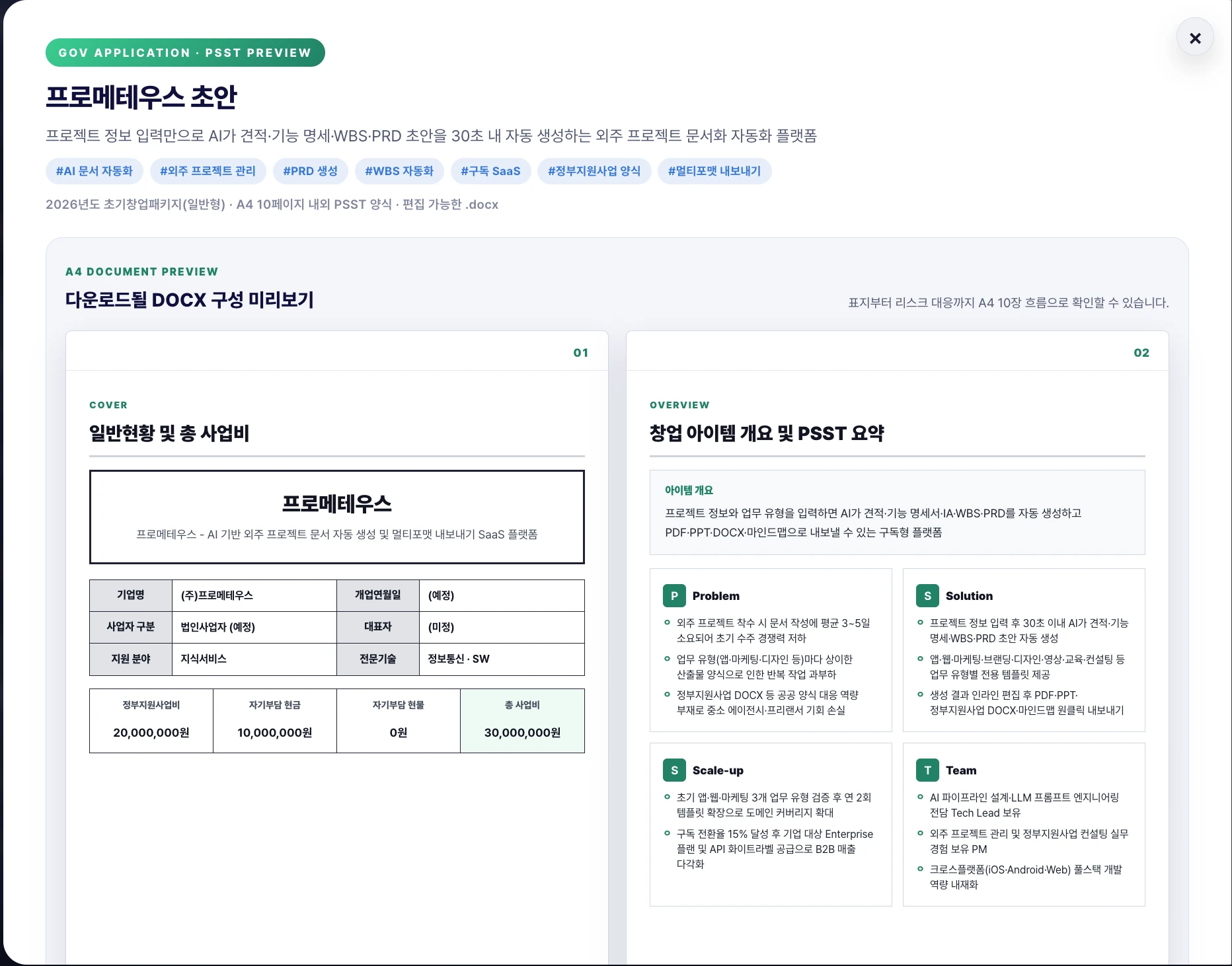 정부지원사업 사업계획서 실제 화면